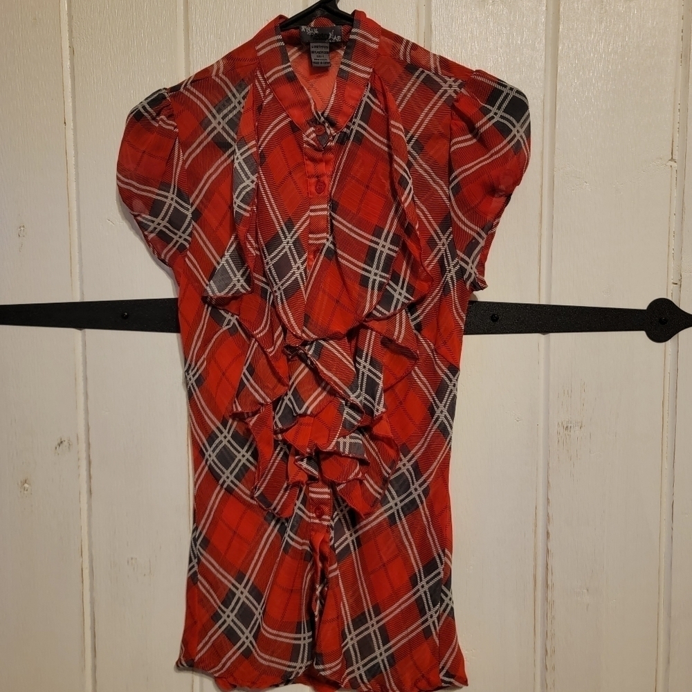 Poetry Womens Blouse Plaid Short Sleeve Red Size Small